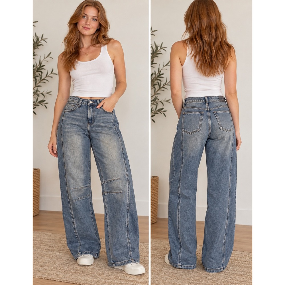 VICI Los Angeles Wide Leg Seam Detail Jeans Medium Wash VC5768MD Size 28